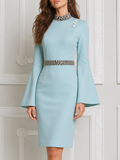 Sky Blue Zebra Trim Pearl Button Bell Sleeve Pencil Midi Dress