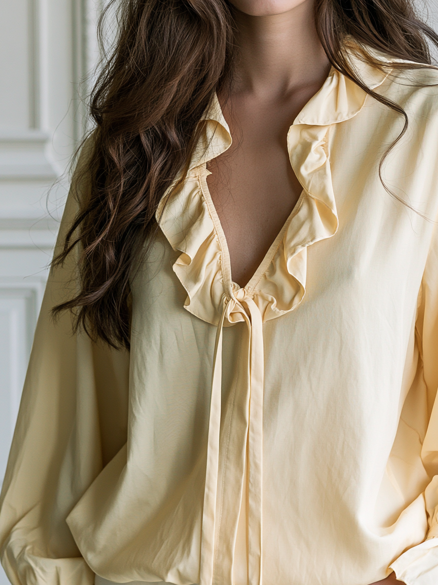 Ruffle Tie-Neck Flared Cuffs Blouse