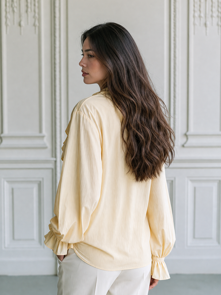 Ruffle Tie-Neck Flared Cuffs Blouse