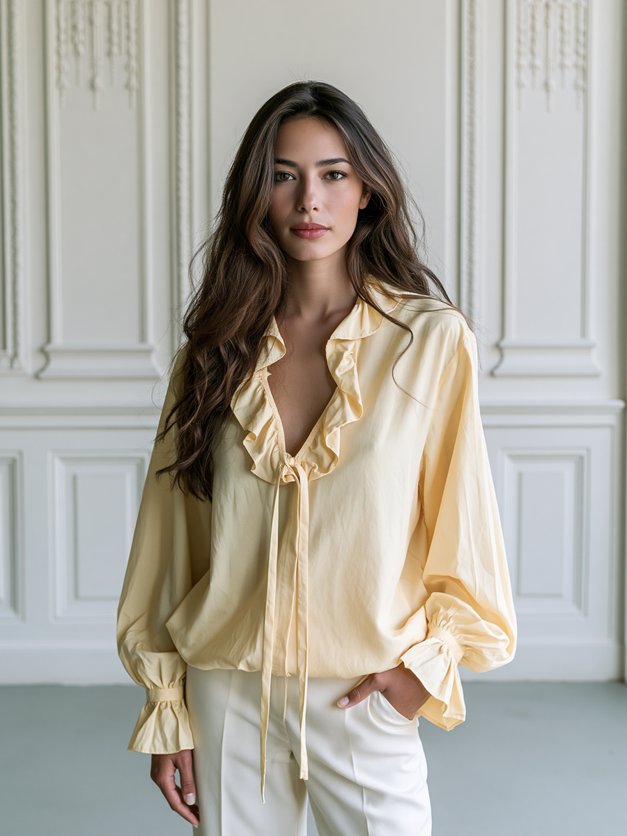 Ruffle Tie-Neck Flared Cuffs Blouse