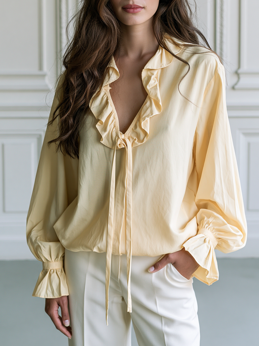 Ruffle Tie-Neck Flared Cuffs Blouse