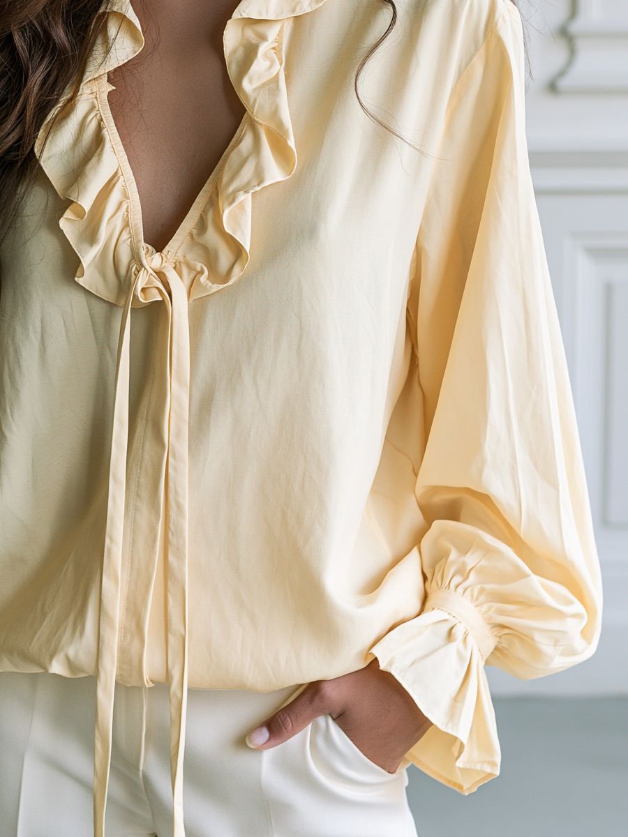 Ruffle Tie-Neck Flared Cuffs Blouse