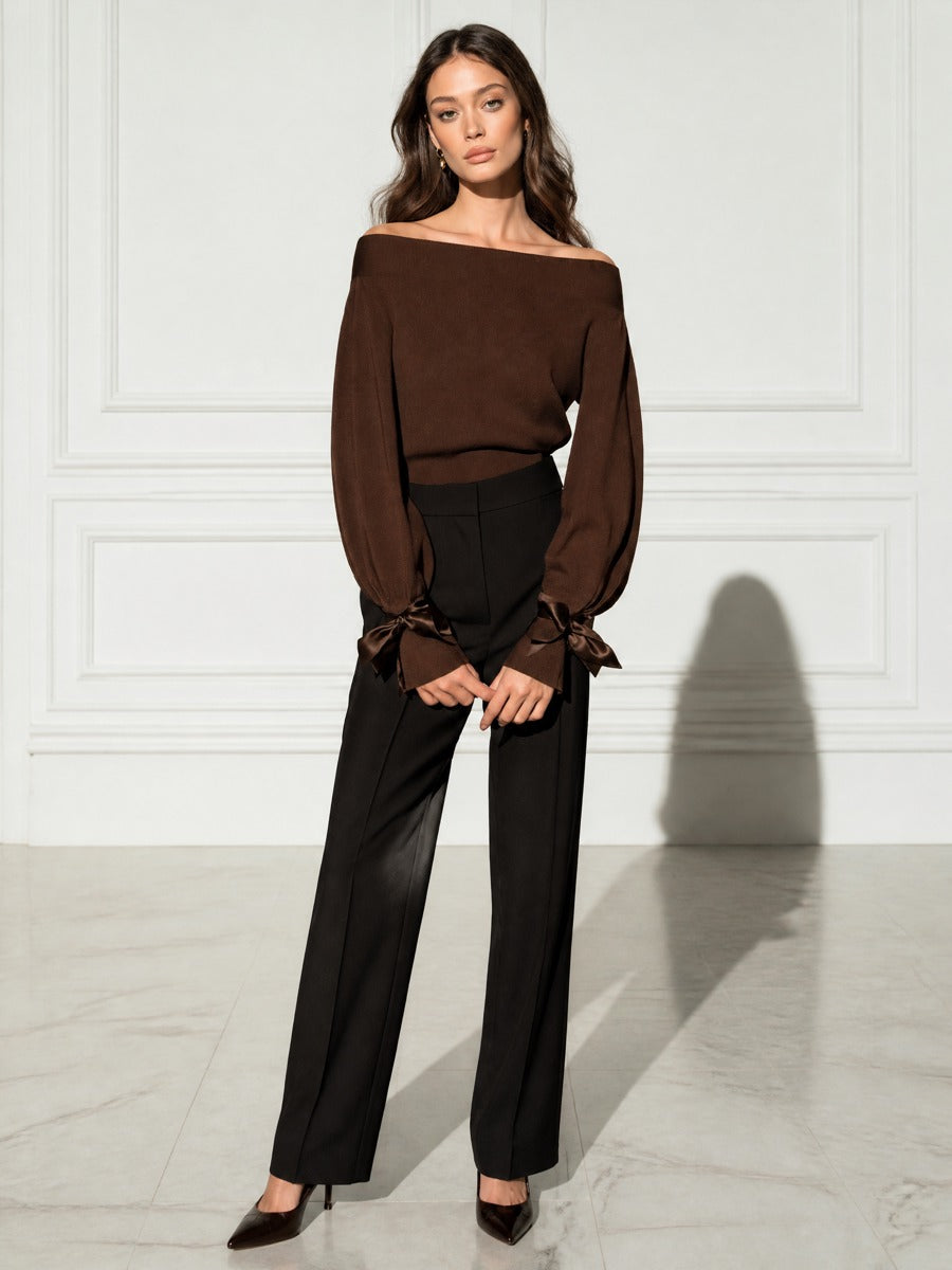 Off-Shoulder Lantern Sleeve Sweater with Bow Tie Cuffs