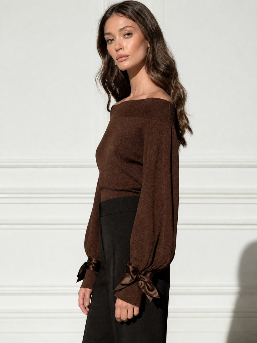 Off-Shoulder Lantern Sleeve Sweater with Bow Tie Cuffs