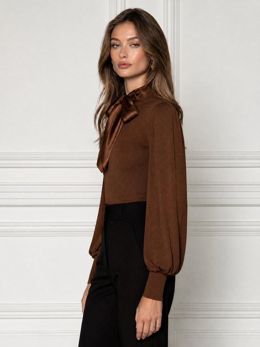 Mock-Neck Satin Bow-Tie Bishop-Sleeve Fitted Knit Top