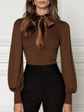 Mock-Neck Satin Bow-Tie Bishop-Sleeve Fitted Knit Top