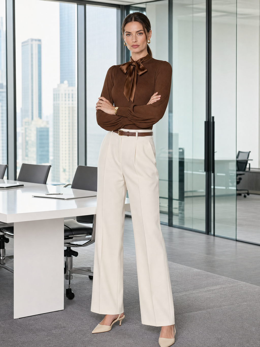 Mock-Neck Satin Bow-Tie Bishop-Sleeve Fitted Knit Top
