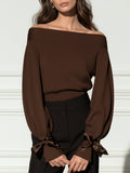 Off-Shoulder Lantern Sleeve Sweater with Bow Tie Cuffs