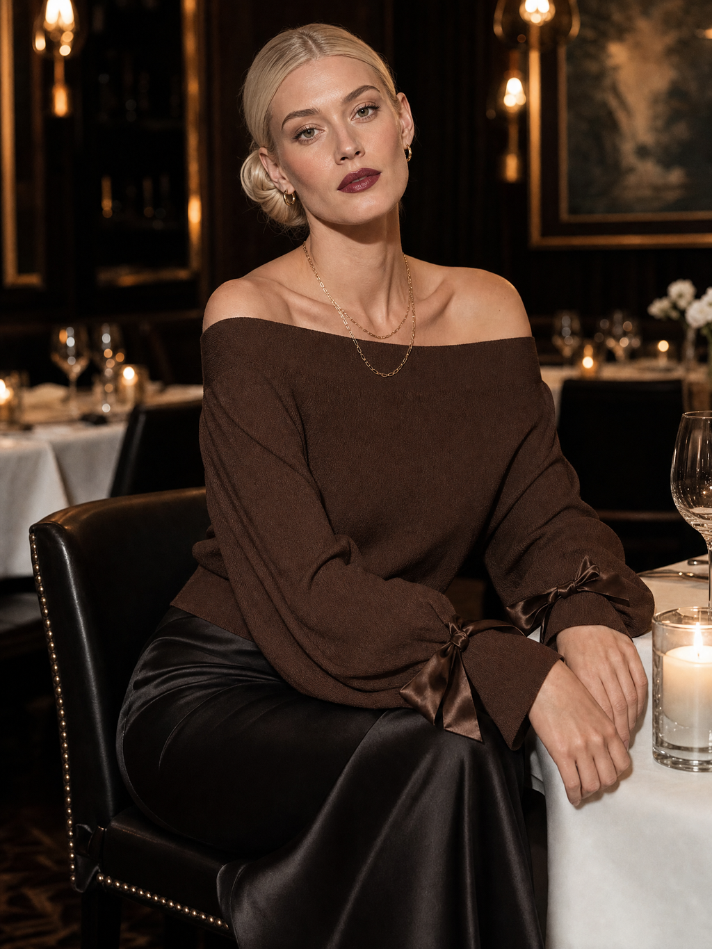Off-Shoulder Lantern Sleeve Sweater with Bow Tie Cuffs