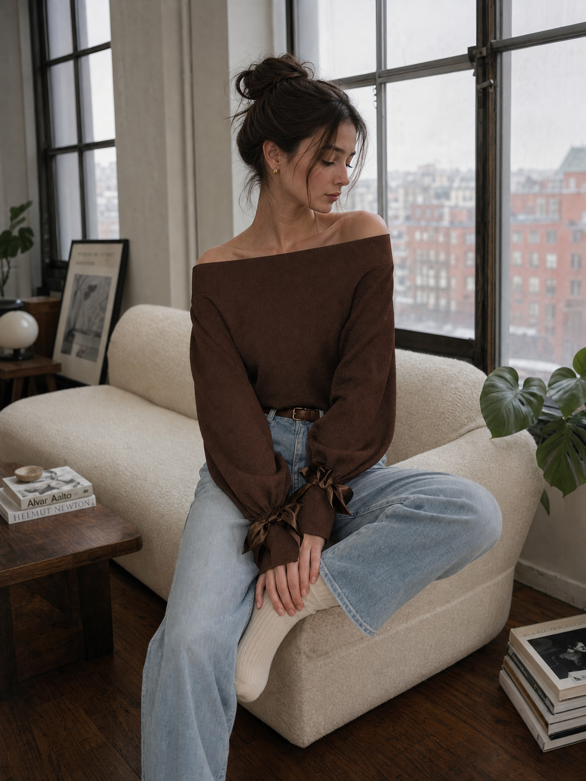 Off-Shoulder Lantern Sleeve Sweater with Bow Tie Cuffs