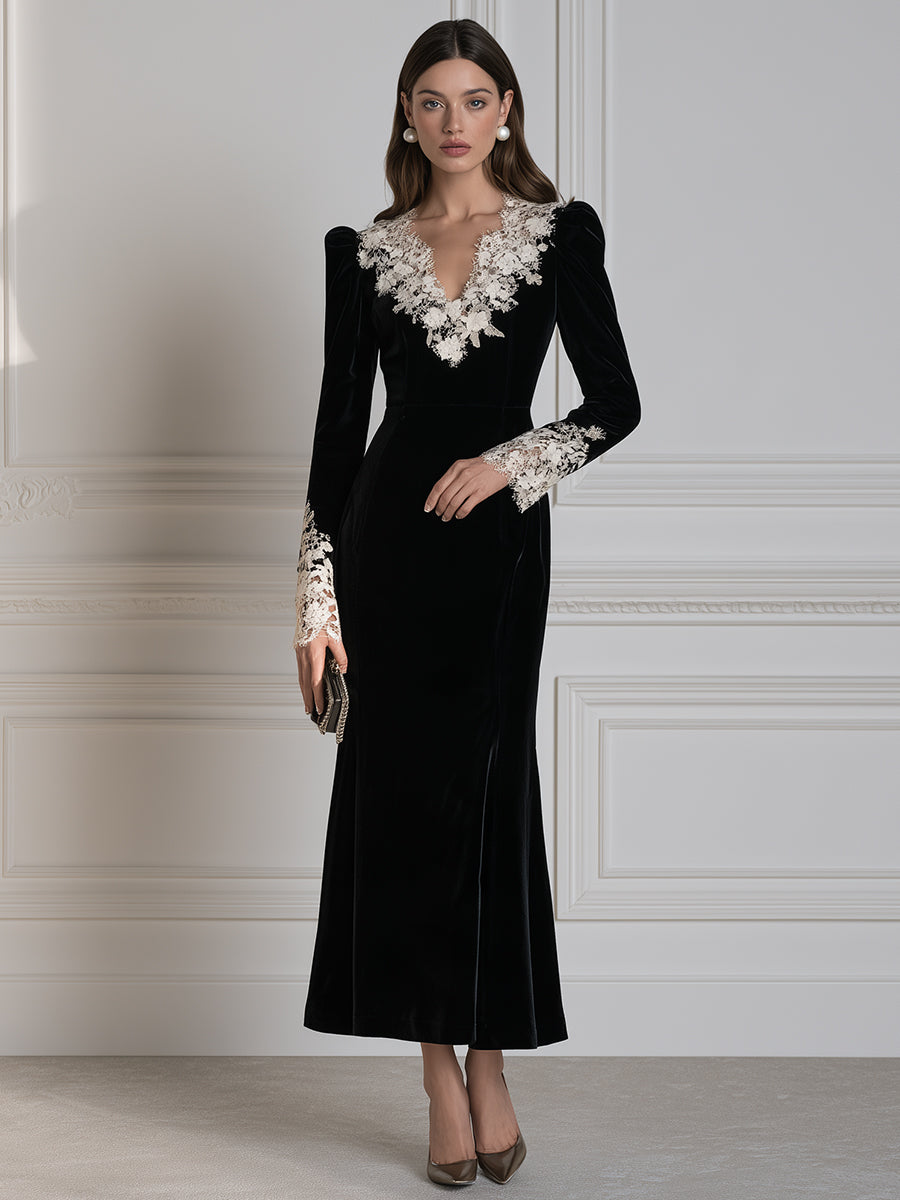 Elegant Velvet Long Sleeve Maxi Dress with Lace Applique V-Neck