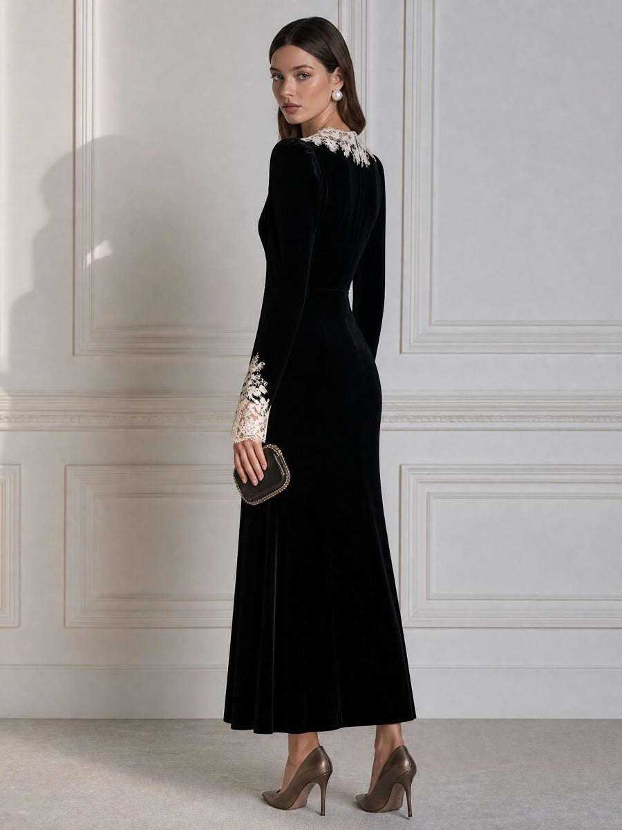 Elegant Velvet Long Sleeve Maxi Dress with Lace Applique V-Neck