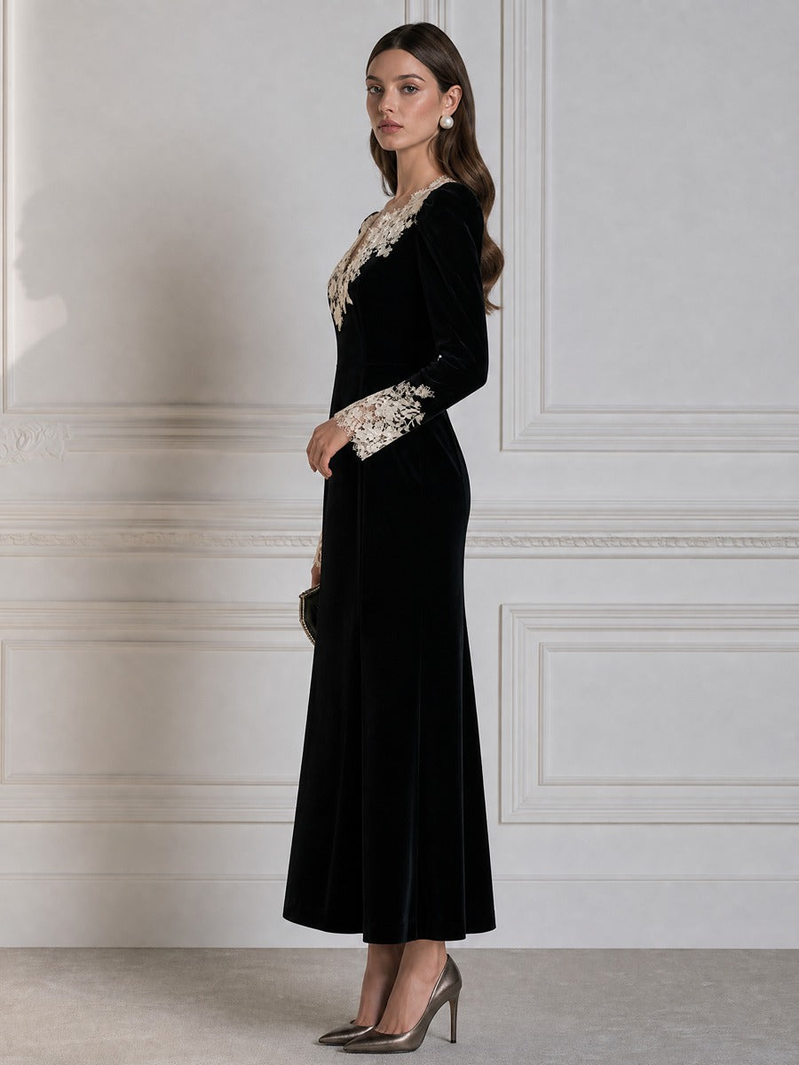 Elegant Velvet Long Sleeve Maxi Dress with Lace Applique V-Neck