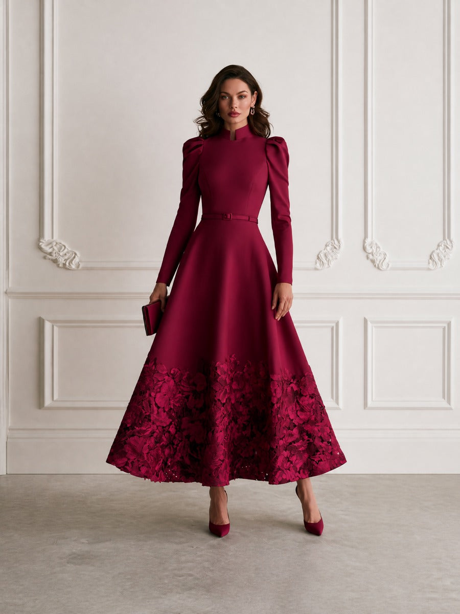 Elegant Stand Collar Puff Sleeve Belted A-Line Maxi Dress with Floral Lace Hem