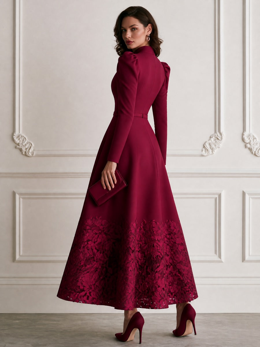 Elegant Stand Collar Puff Sleeve Belted A-Line Maxi Dress with Floral Lace Hem