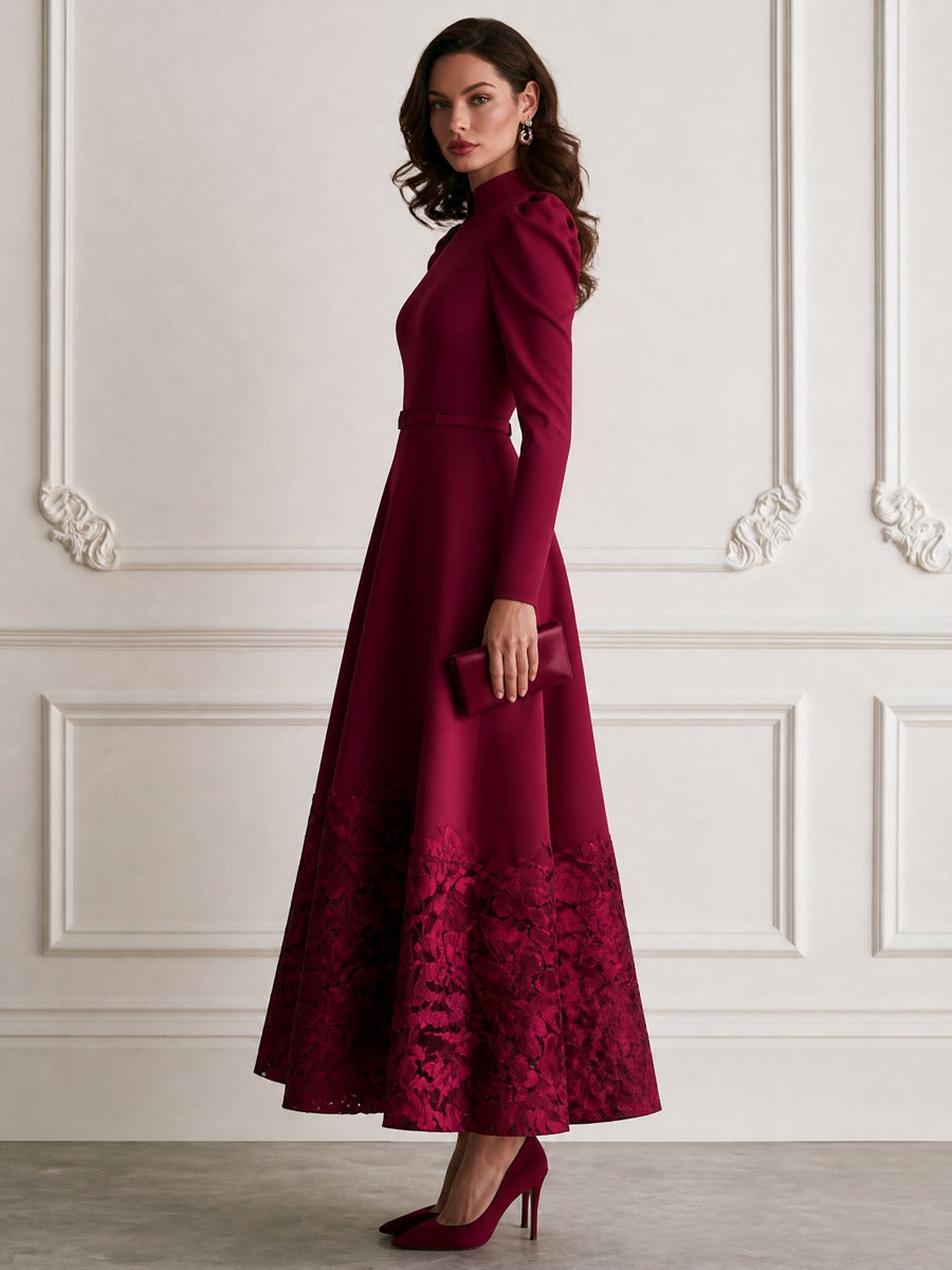 Elegant Stand Collar Puff Sleeve Belted A-Line Maxi Dress with Floral Lace Hem