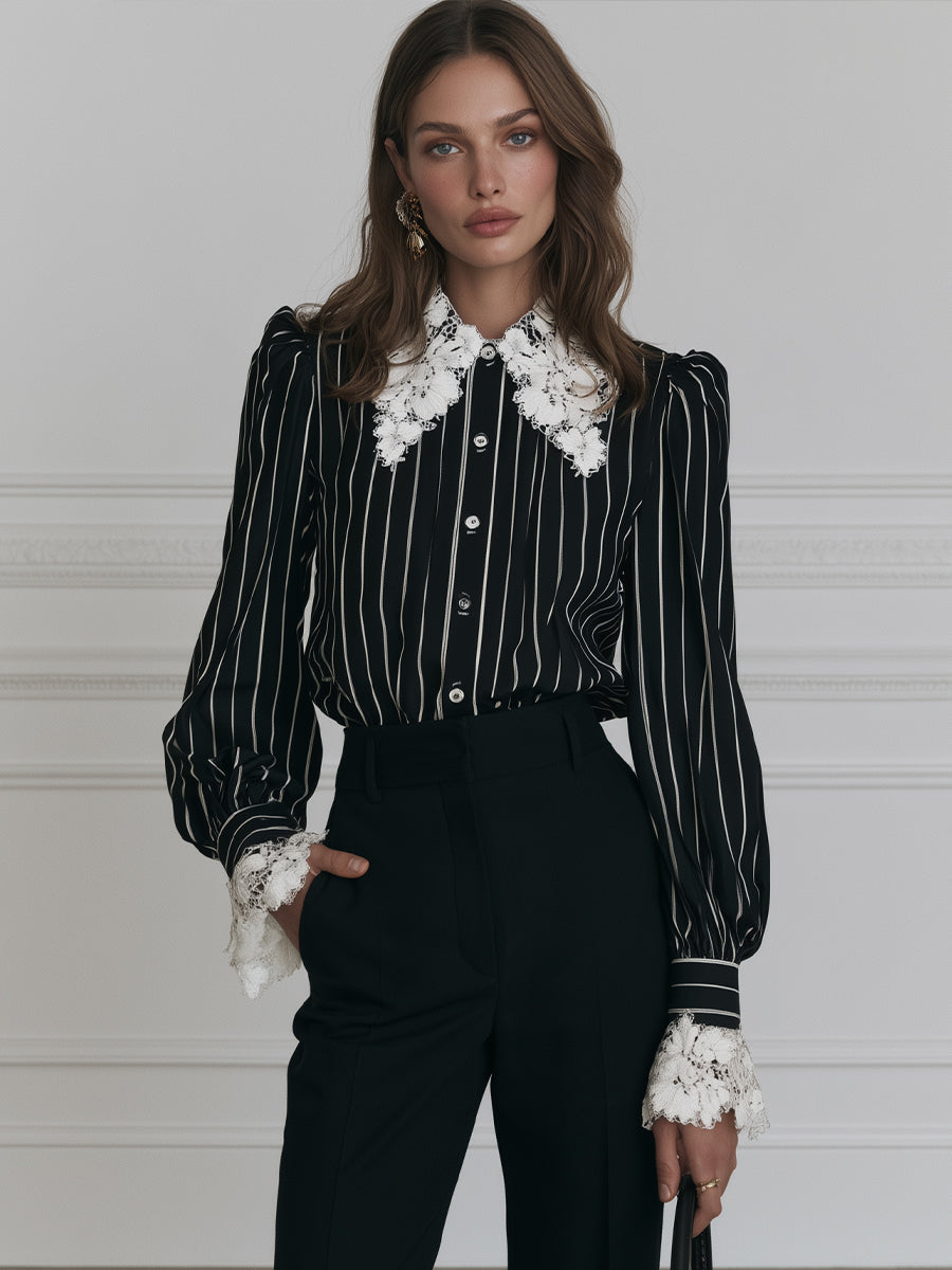 Lace-Collar Button-Front Bishop-Sleeve Striped Blouse
