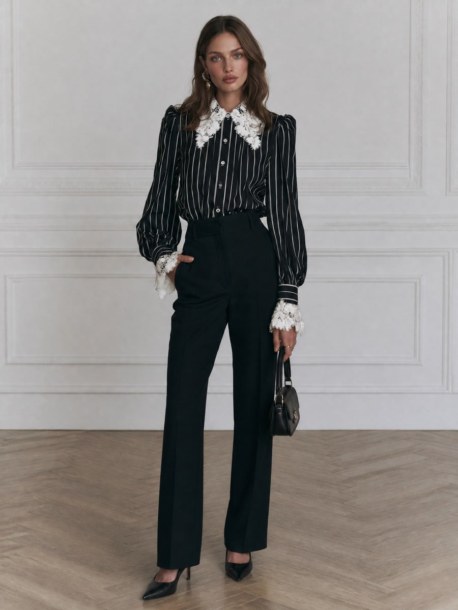 Lace-Collar Button-Front Bishop-Sleeve Striped Blouse
