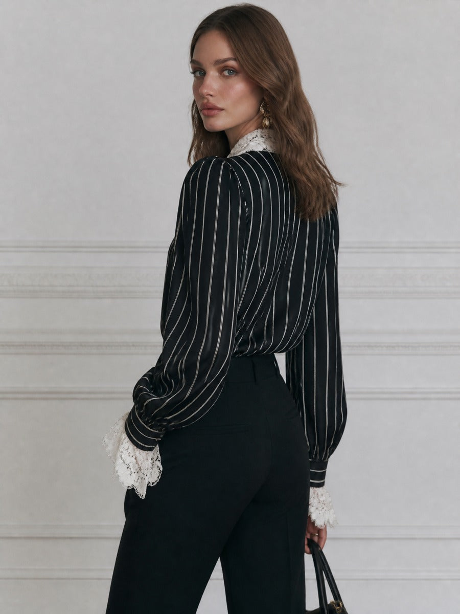 Lace-Collar Button-Front Bishop-Sleeve Striped Blouse