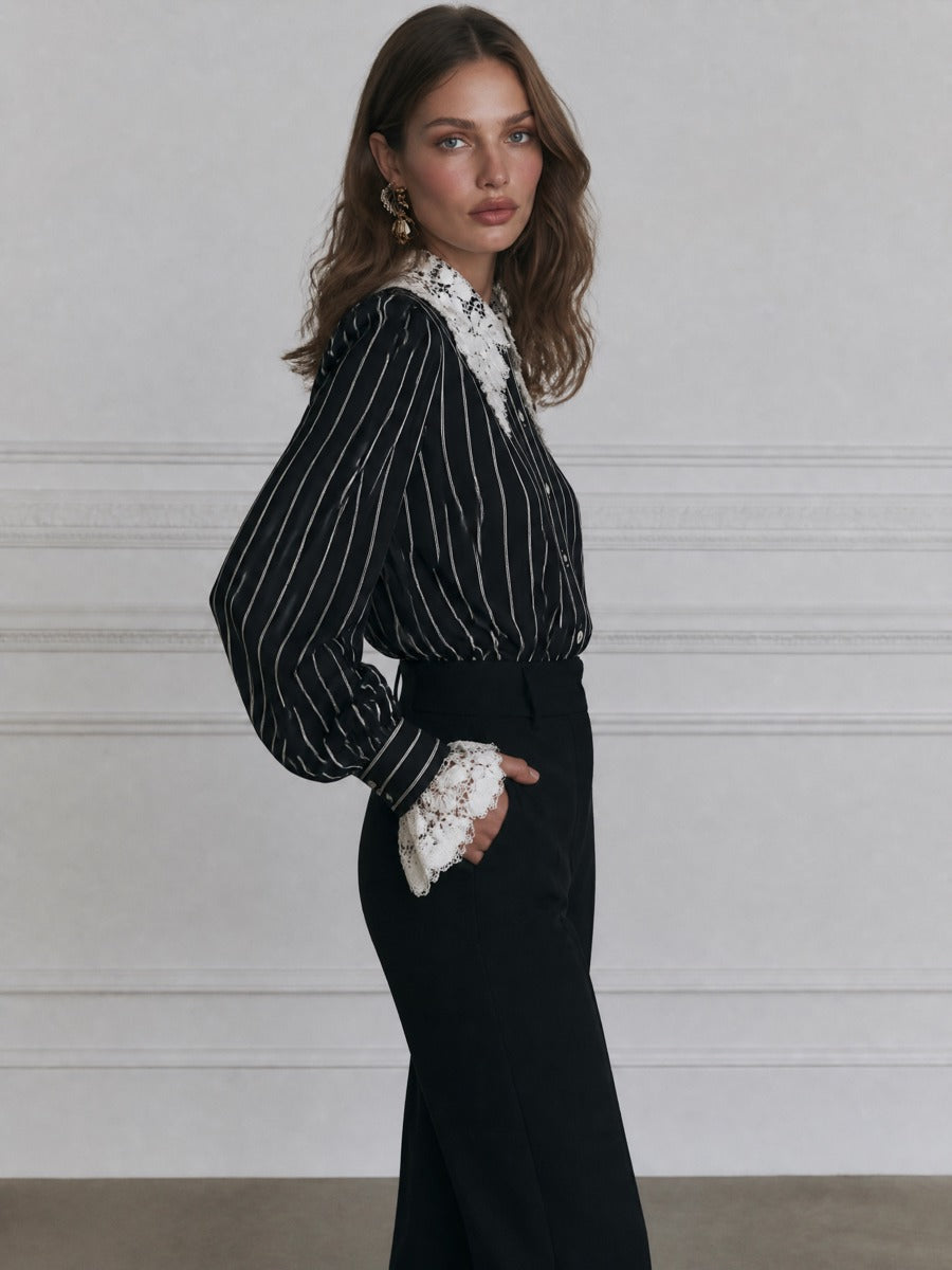 Lace-Collar Button-Front Bishop-Sleeve Striped Blouse