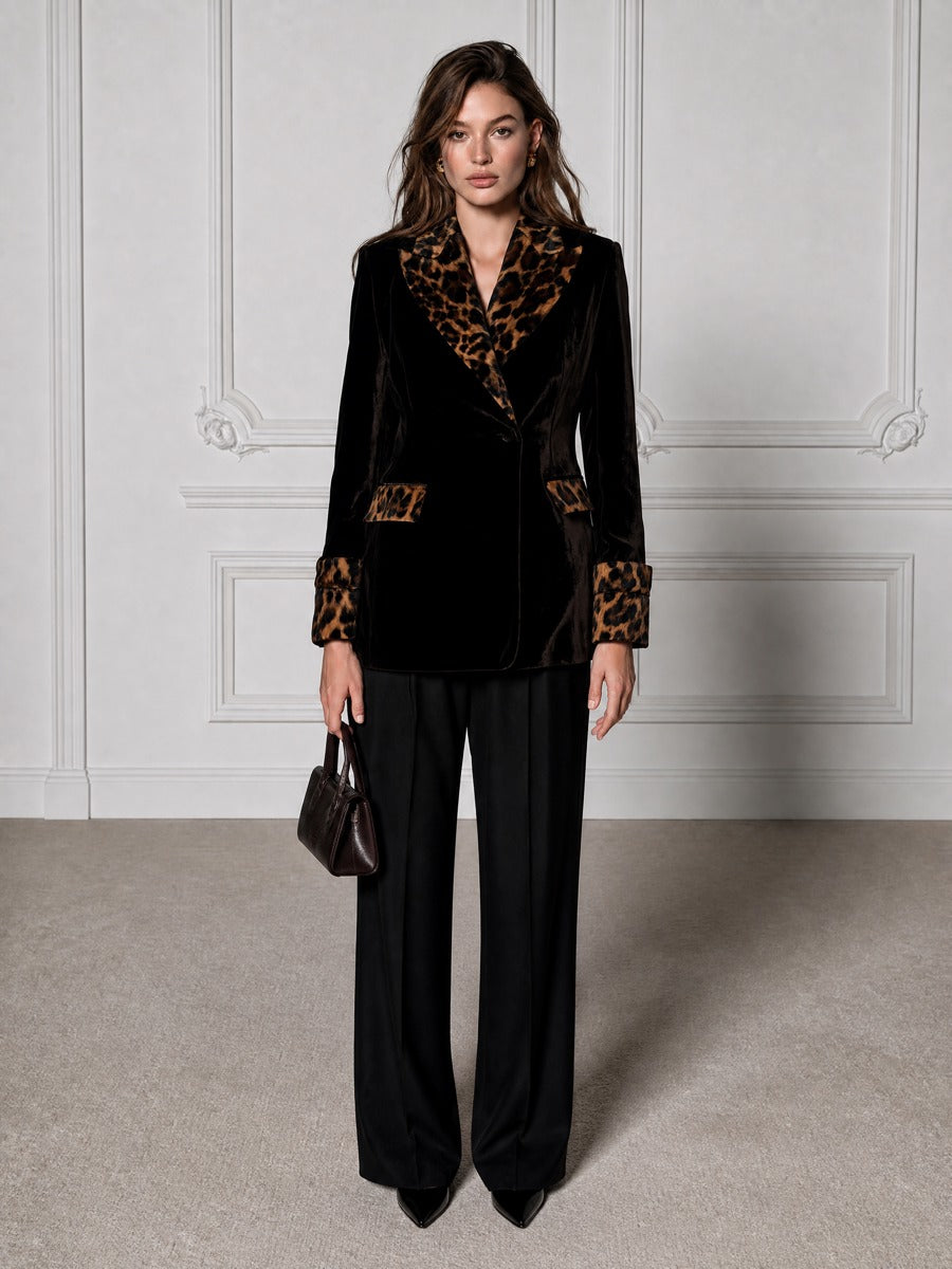 Velvet Blazer With Leopard Fur Collar And Cuffs