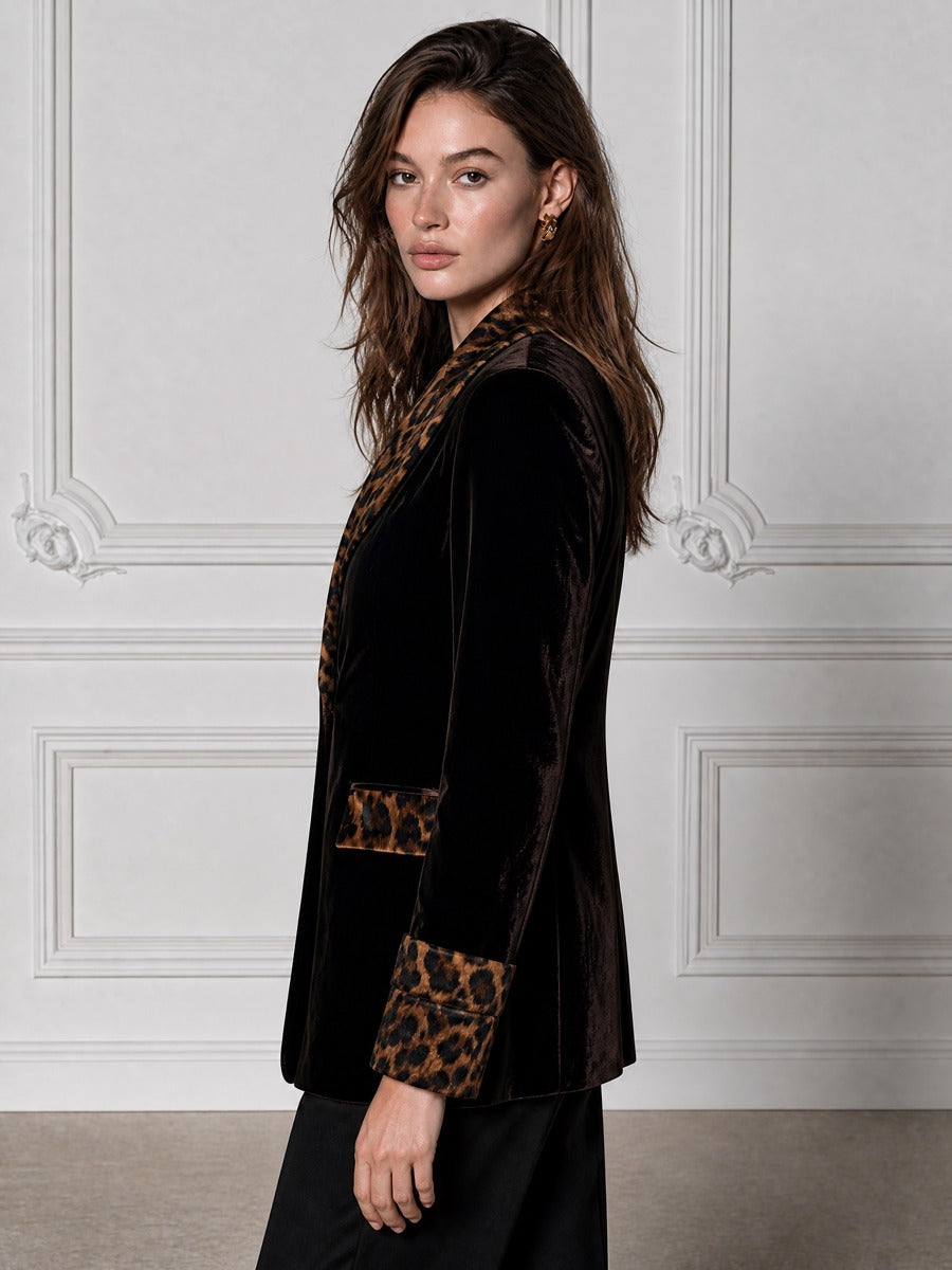 Velvet Blazer With Leopard Fur Collar And Cuffs