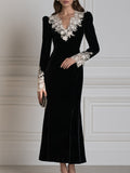 Elegant Velvet Long Sleeve Maxi Dress with Lace Applique V-Neck