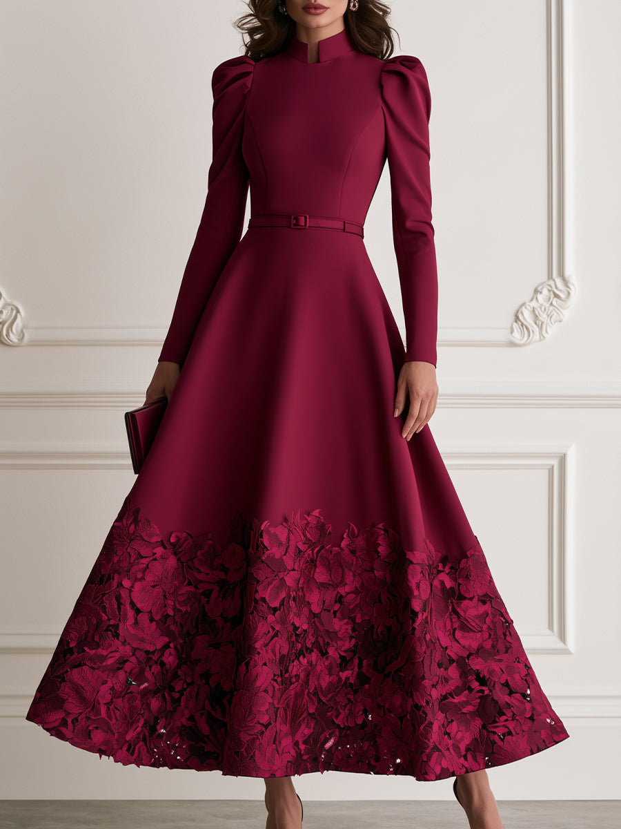 Elegant Stand Collar Puff Sleeve Belted A-Line Maxi Dress with Floral Lace Hem