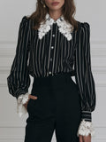 Lace-Collar Button-Front Bishop-Sleeve Striped Blouse