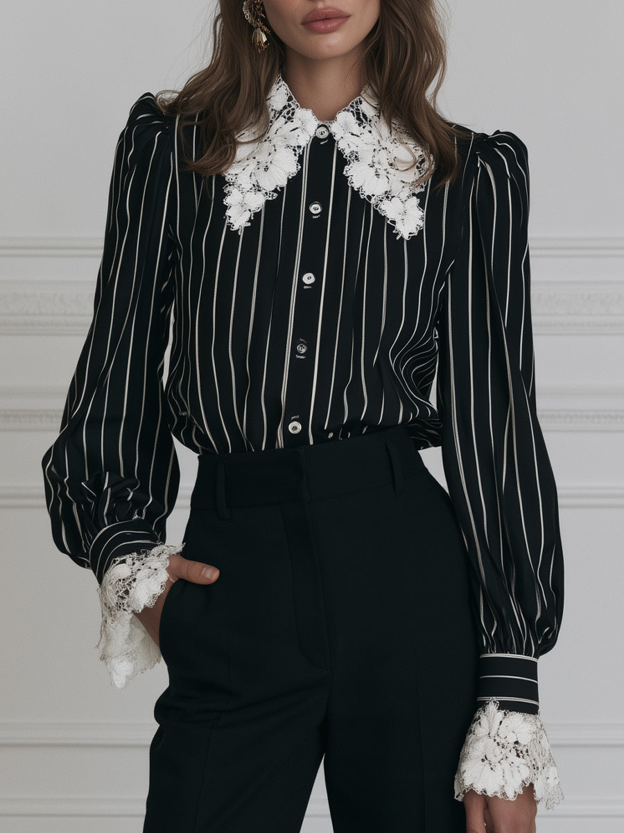 Lace-Collar Button-Front Bishop-Sleeve Striped Blouse