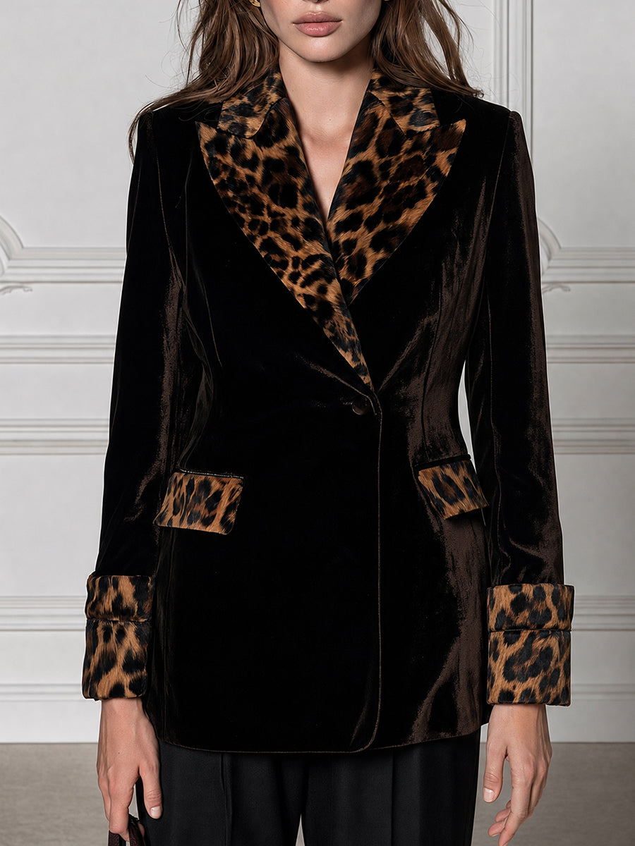 Velvet Blazer With Leopard Fur Collar And Cuffs