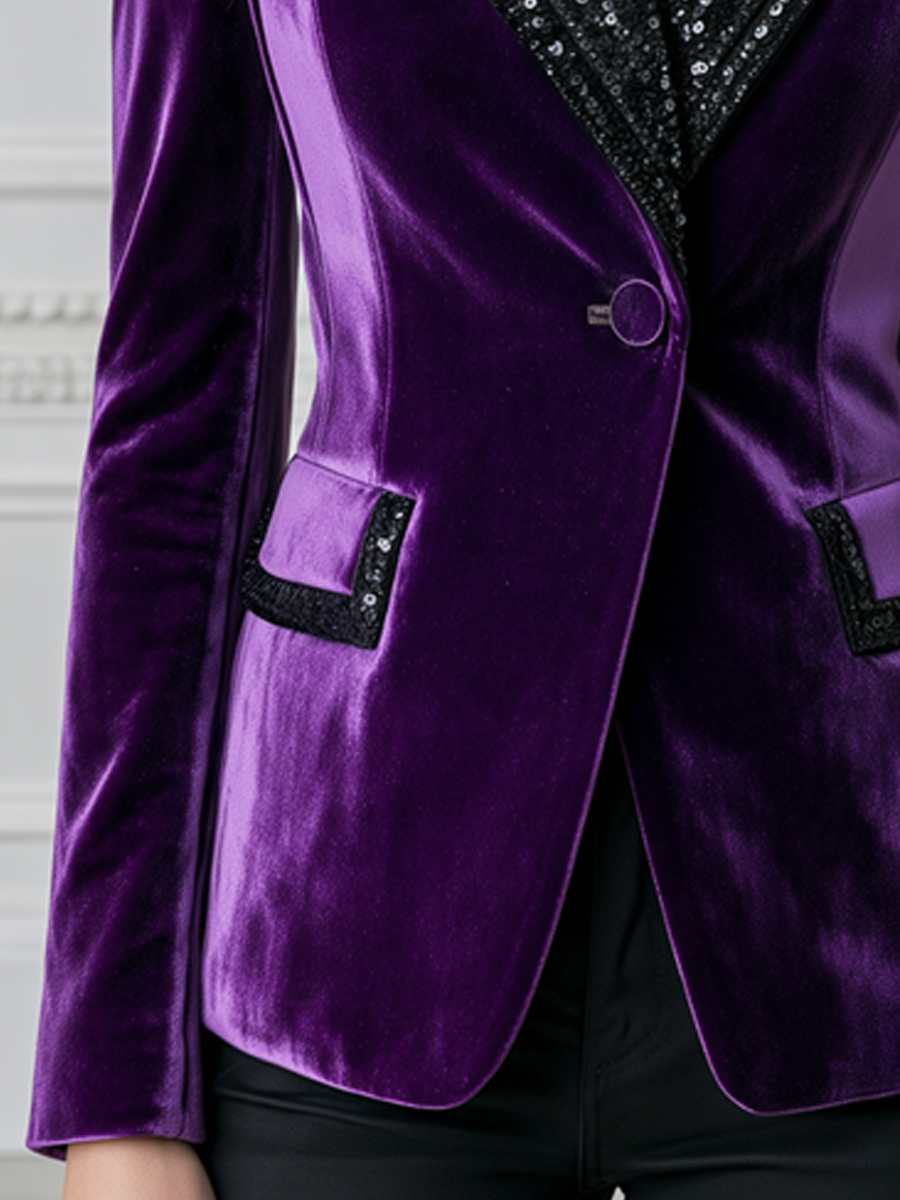 Velvet Sequin-Trimmed Single-Breasted Blazer