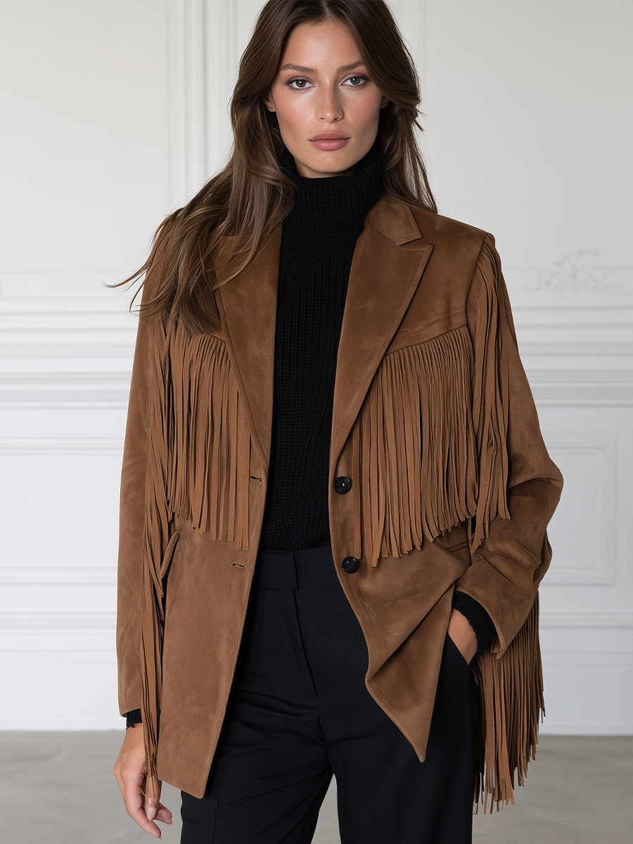 Notched-Lapel Fringe-Trim Faux-Suede Blazer