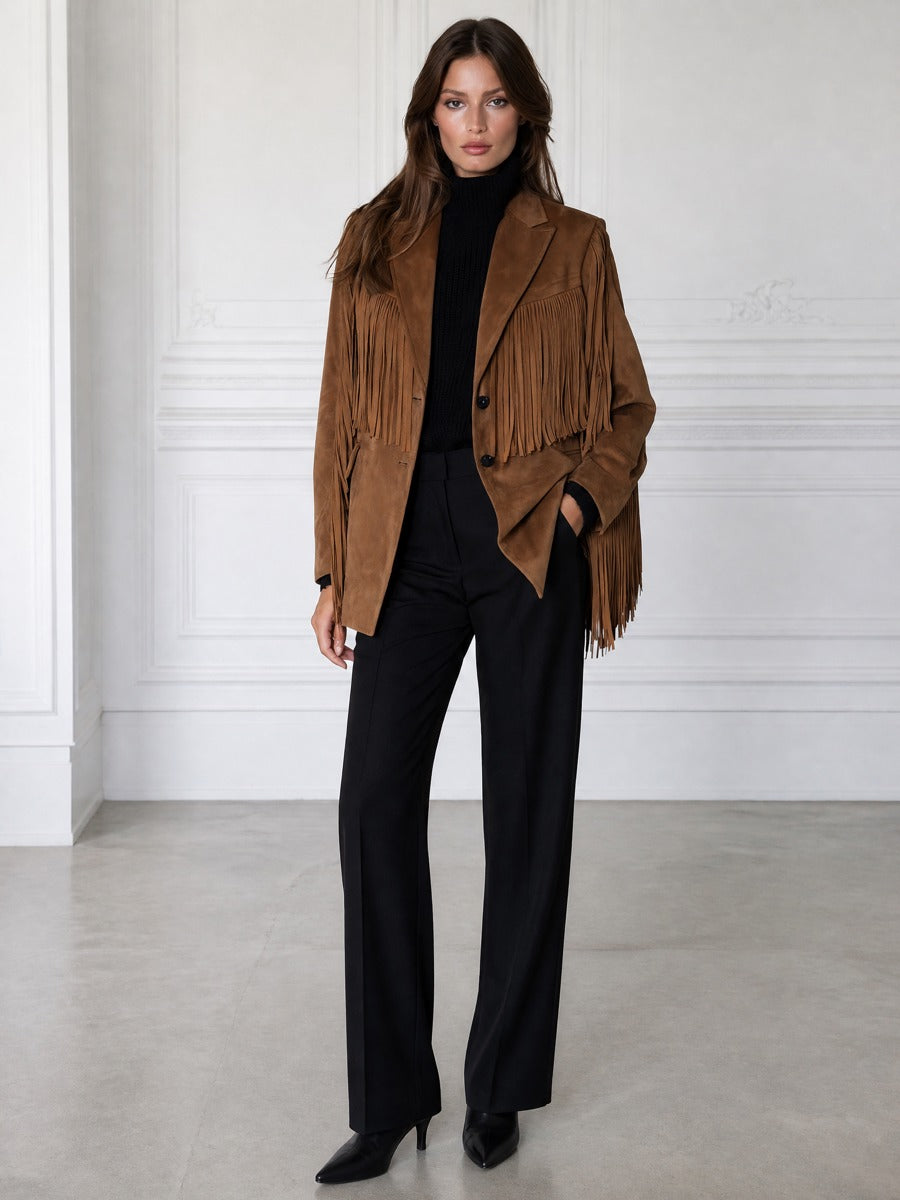 Notched-Lapel Fringe-Trim Faux-Suede Blazer