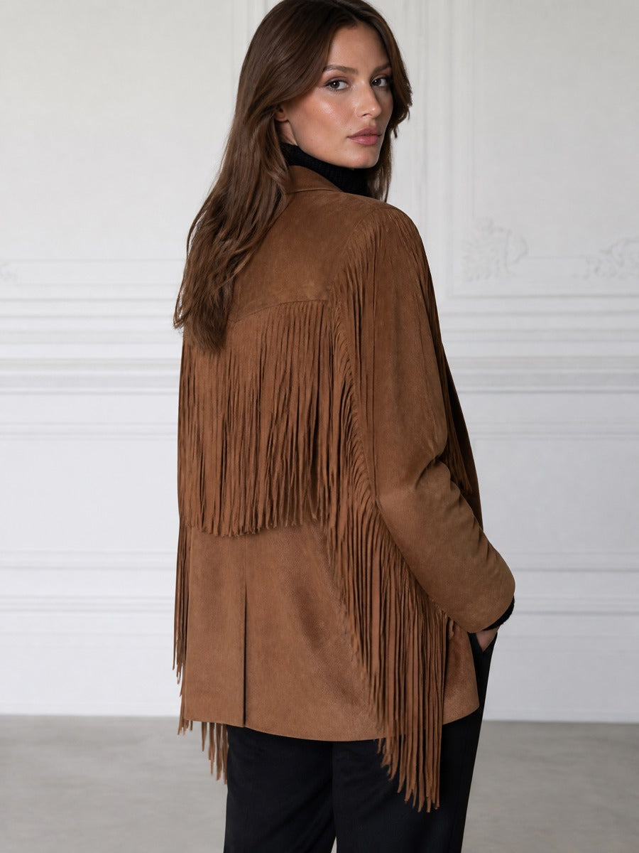 Notched-Lapel Fringe-Trim Faux-Suede Blazer