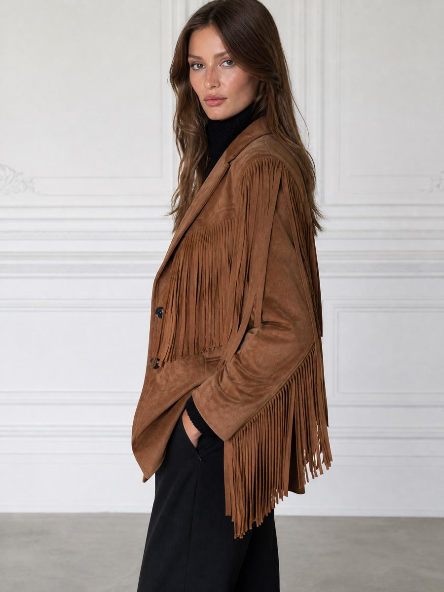 Notched-Lapel Fringe-Trim Faux-Suede Blazer