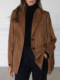 Notched-Lapel Fringe-Trim Faux-Suede Blazer