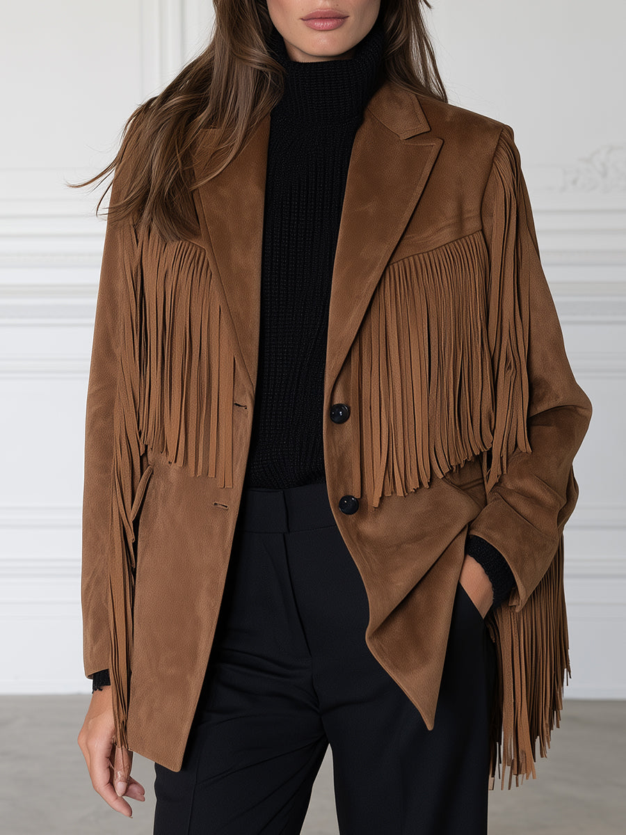 Notched-Lapel Fringe-Trim Faux-Suede Blazer