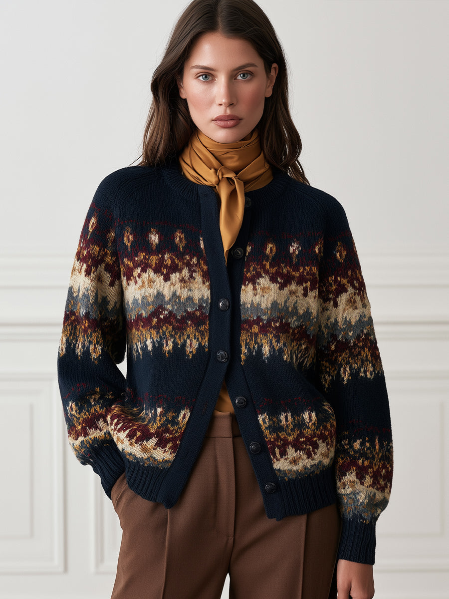 Crew-Neck Button-Front Fair Isle Knit Cardigan