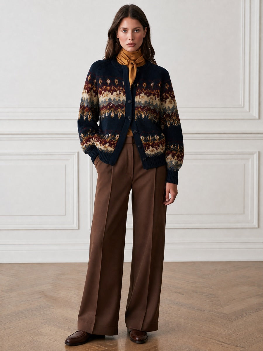 Crew-Neck Button-Front Fair Isle Knit Cardigan