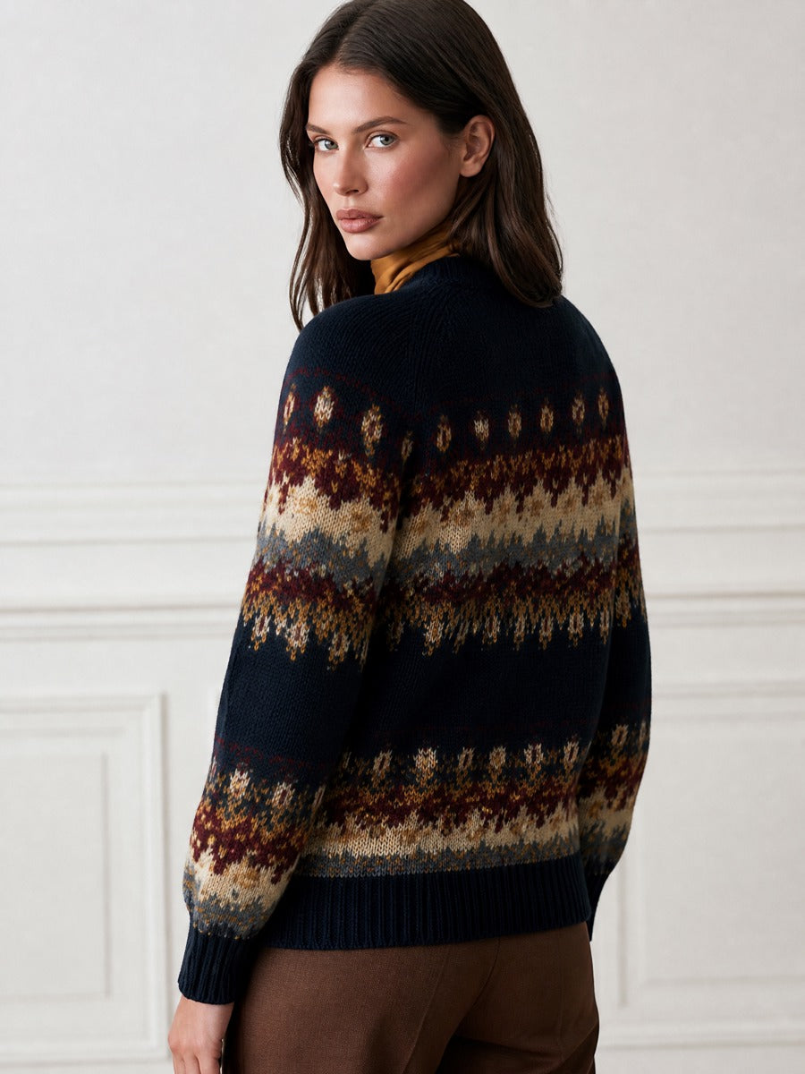 Crew-Neck Button-Front Fair Isle Knit Cardigan