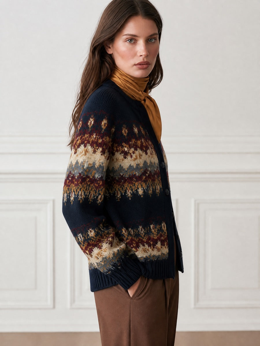 Crew-Neck Button-Front Fair Isle Knit Cardigan