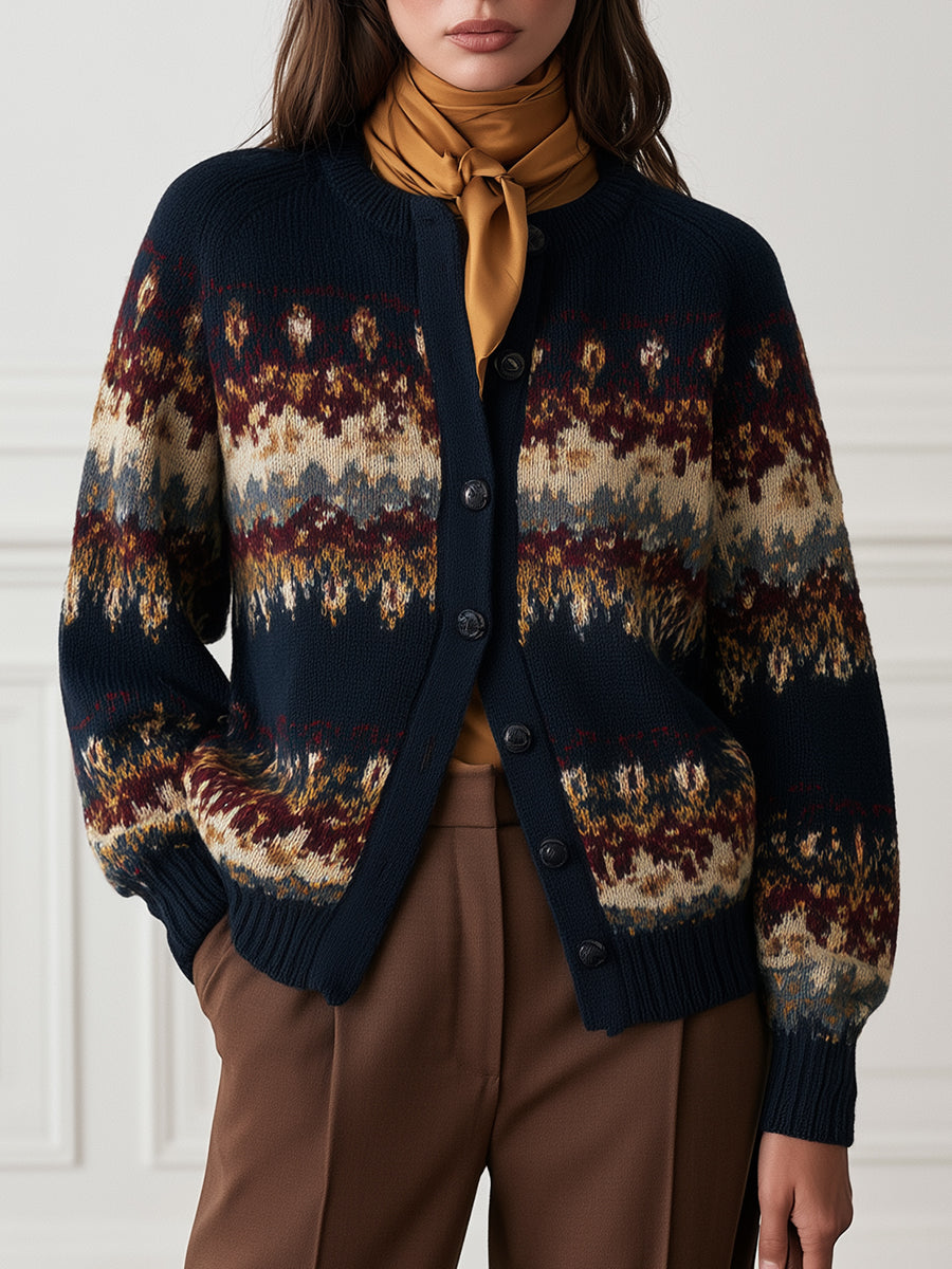 Crew-Neck Button-Front Fair Isle Knit Cardigan