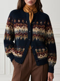 Crew-Neck Button-Front Fair Isle Knit Cardigan