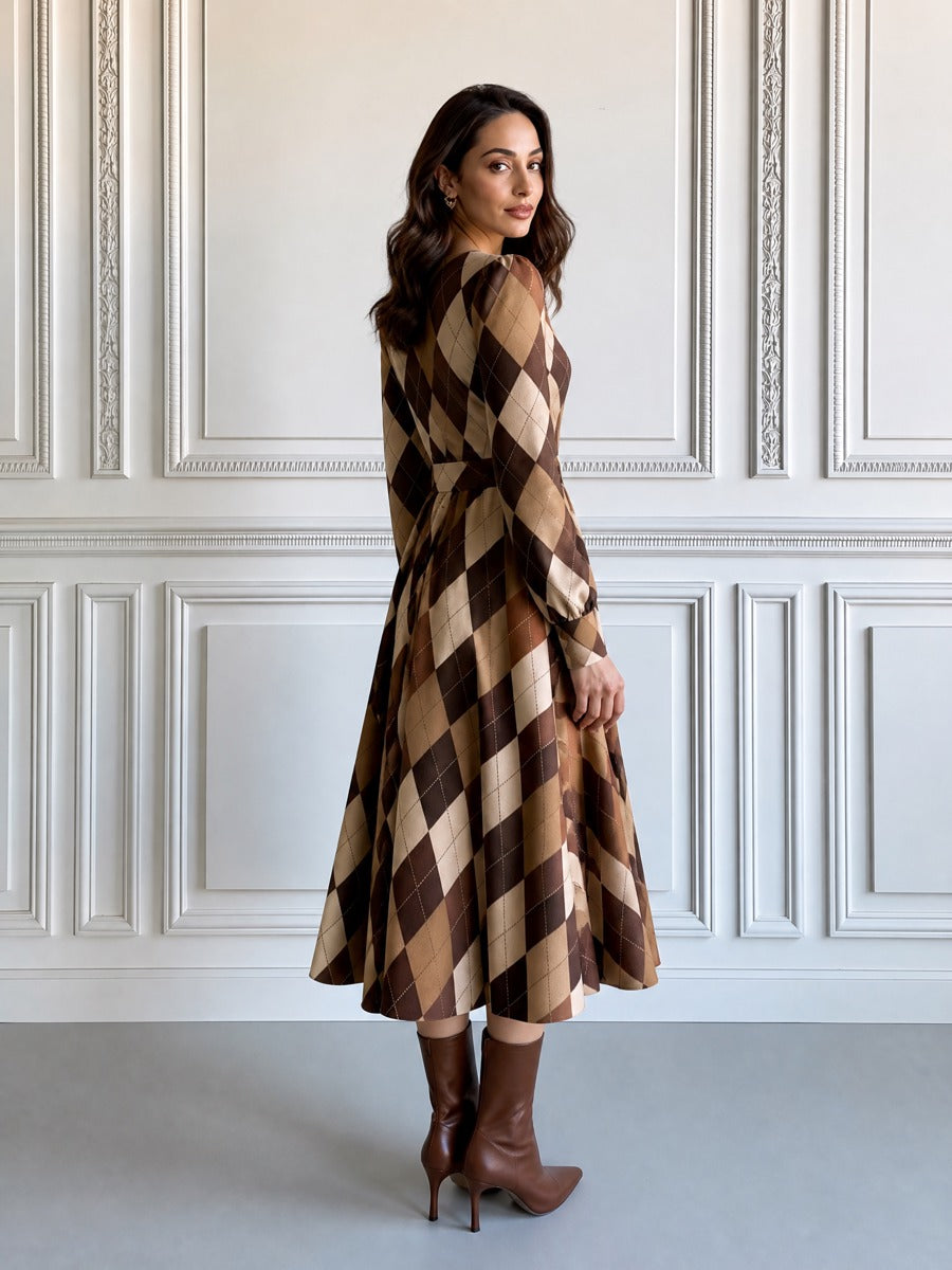 Argyle Plaid Boat Neck Long Sleeve A-Line Midi Dress