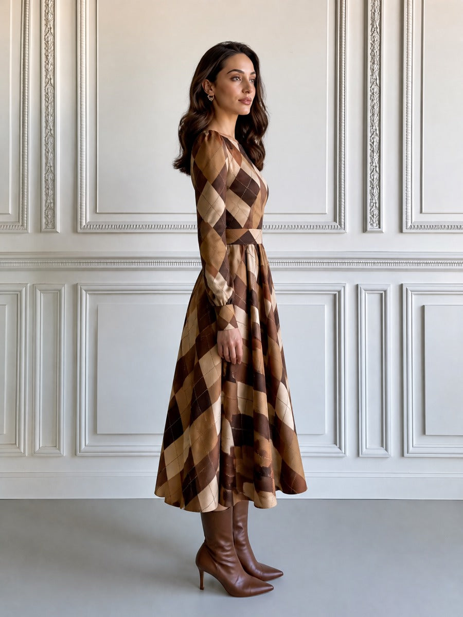 Argyle Plaid Boat Neck Long Sleeve A-Line Midi Dress