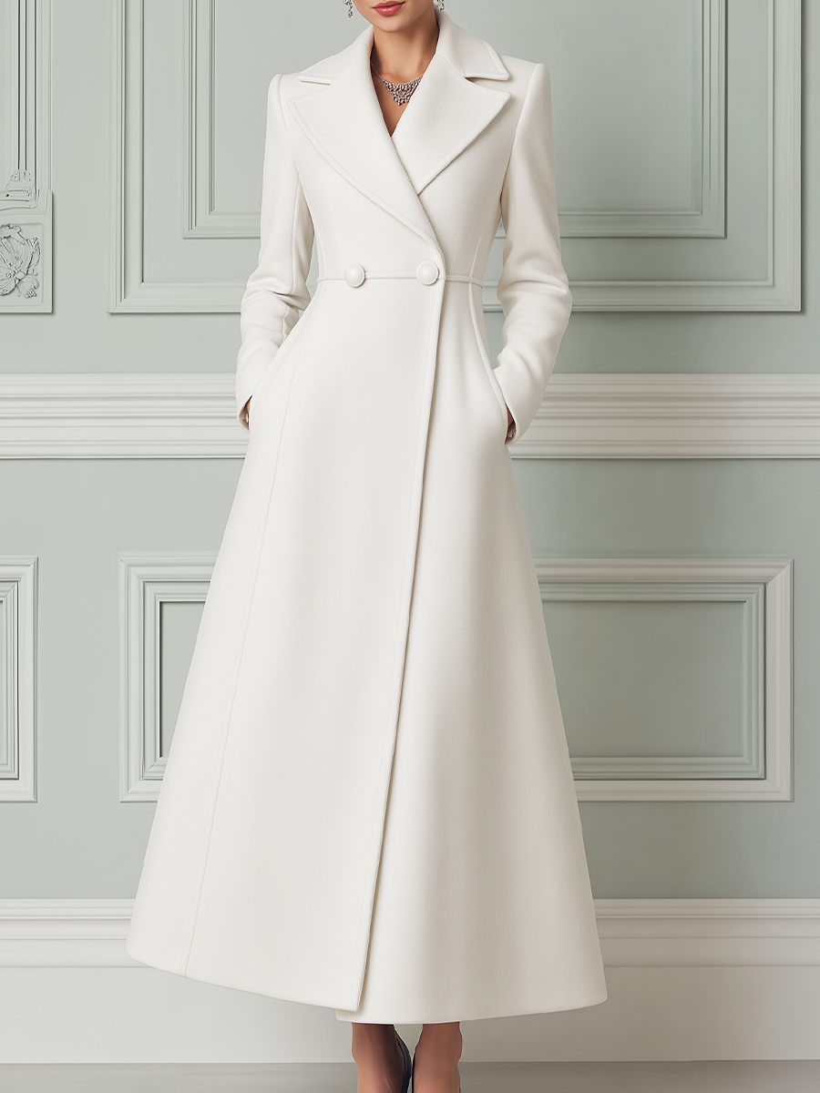 Ivory Notched Lapel Fabric Button Wrap A-Line Maxi Coat