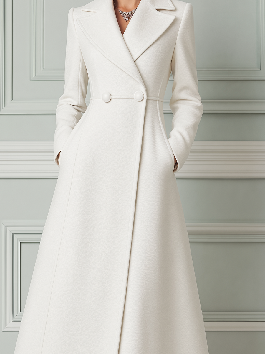 Ivory Notched Lapel Fabric Button Wrap A-Line Maxi Coat