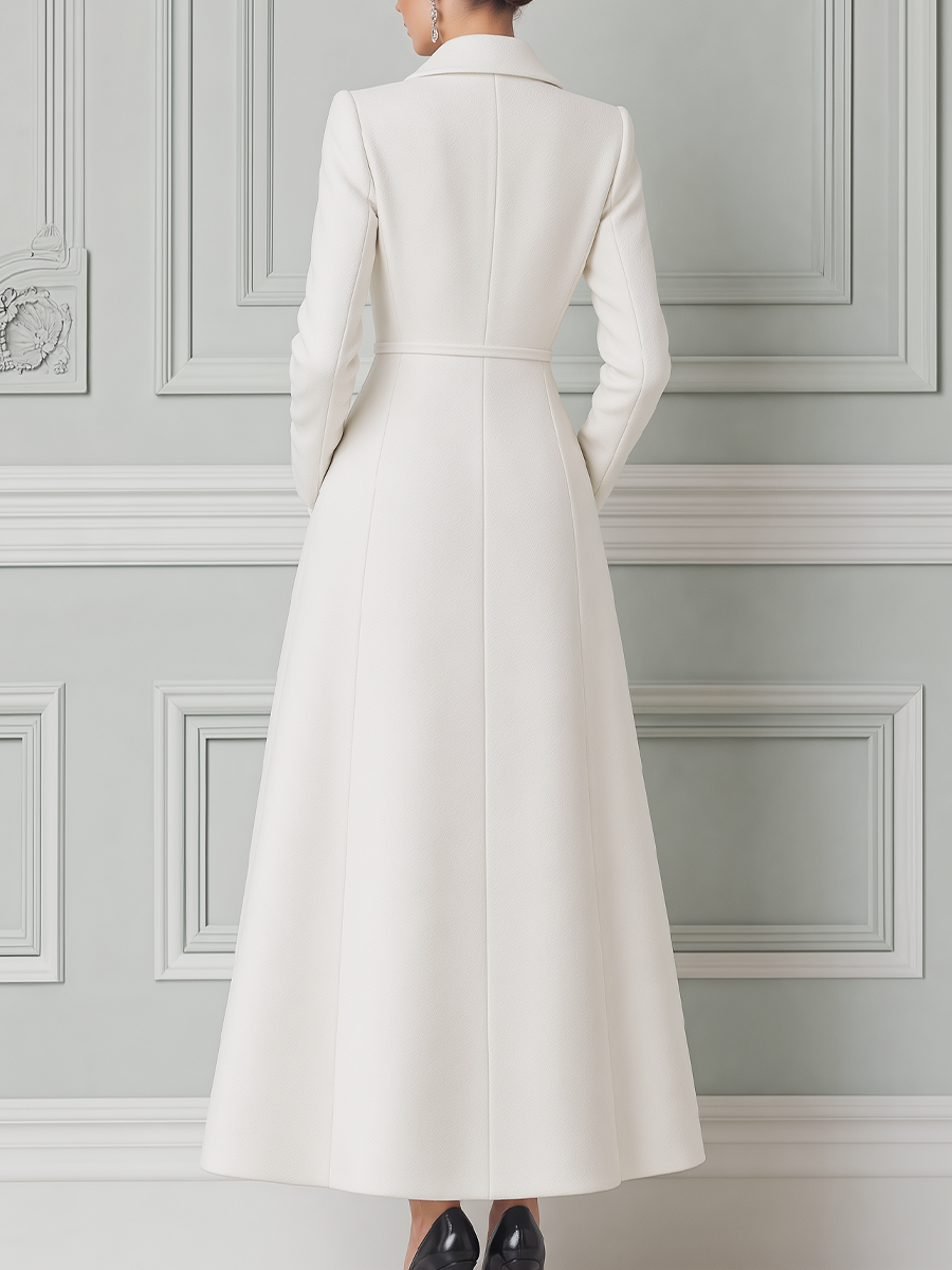 Ivory Notched Lapel Fabric Button Wrap A-Line Maxi Coat