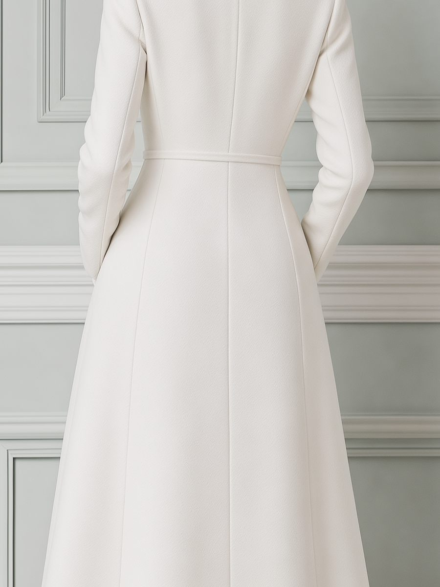 Ivory Notched Lapel Fabric Button Wrap A-Line Maxi Coat